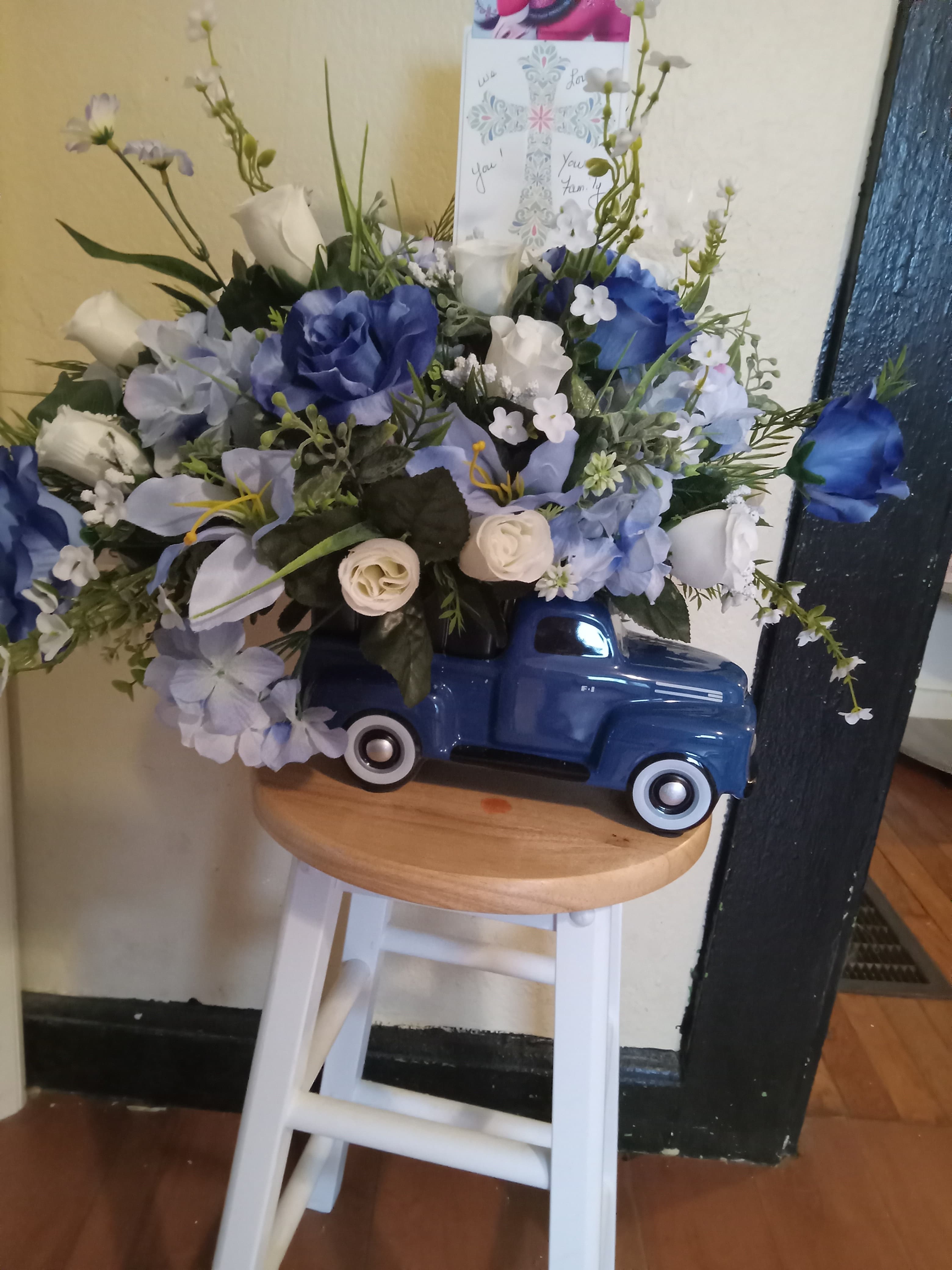 Unique blue truck flower arrangement - real client work